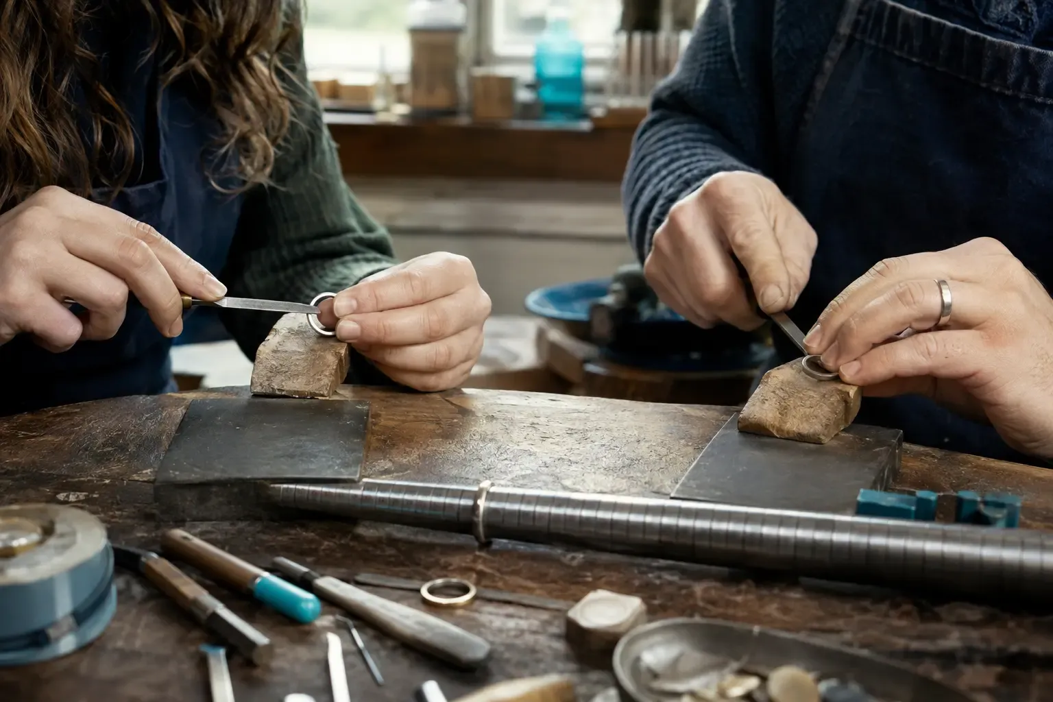 A couple working on their wedding rings together at a jeweller’s bench