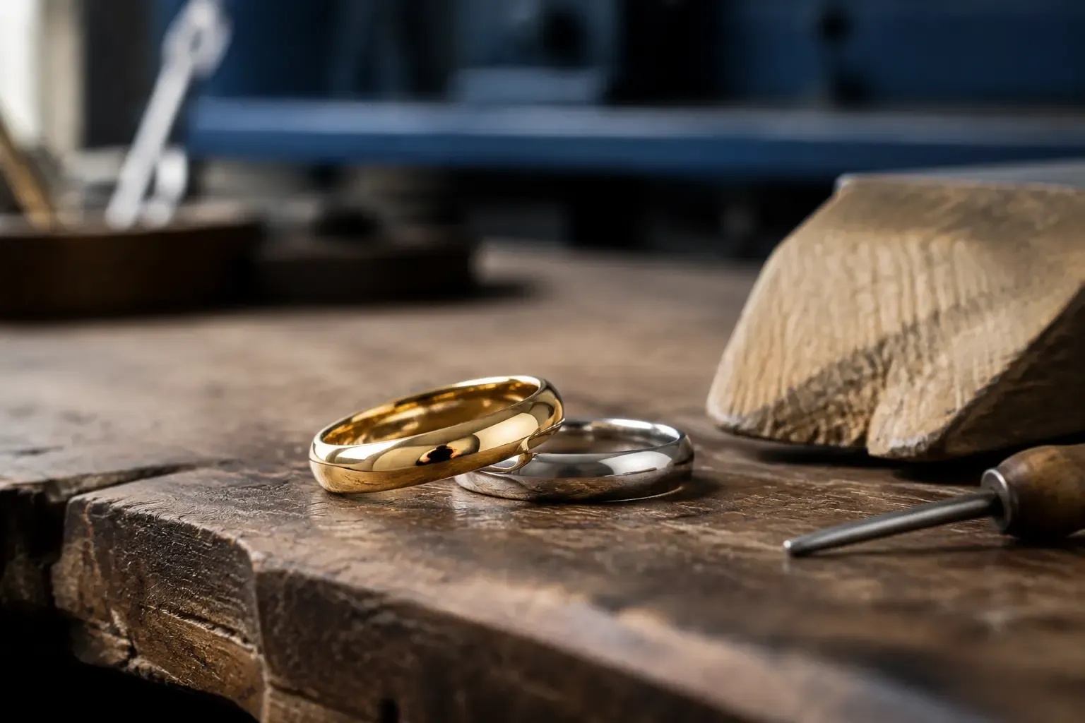 Two finished wedding rings resting on a traditional jeweller’s workbench